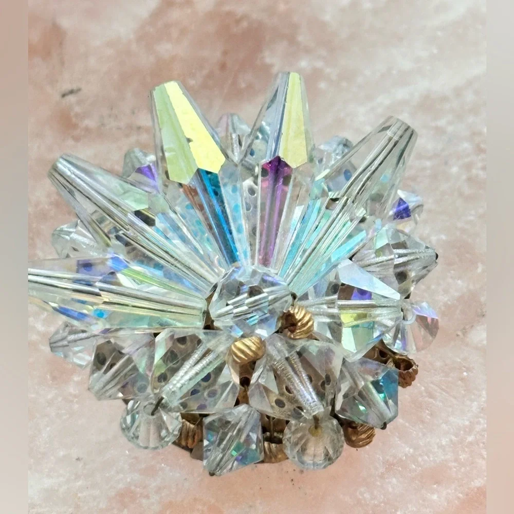 Vintage AB Crystal Starburst Wire Set Beaded Cluster Faceted Pin Brooch 0705 Y